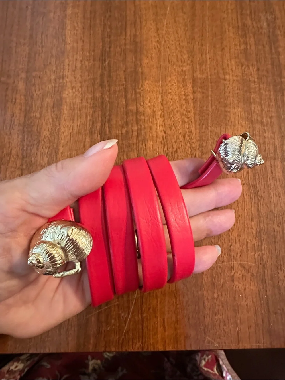 Vintage 80s Thin‎ Red Leather Belt with Gold Shell Buckle